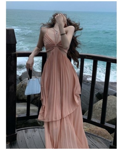 Summer New Fashion Women Sexy Pleated Boho Long Dress Vacation Beach Strap A line Ladies Robe 2023 Sundress $48.74 - Dresses