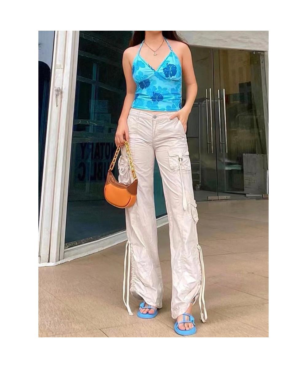 Baggy Cargo Women's Long Trousers Solid Color Low Waist Tie-Up Side Pockets Loose Pants Casual Simple Bottoms Streetwear Summ...