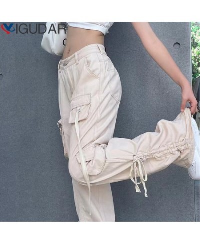 Baggy Cargo Women's Long Trousers Solid Color Low Waist Tie-Up Side Pockets Loose Pants Casual Simple Bottoms Streetwear Summ...