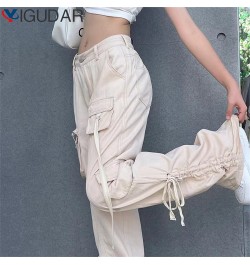 Baggy Cargo Women's Long Trousers Solid Color Low Waist Tie-Up Side Pockets Loose Pants Casual Simple Bottoms Streetwear Summ...