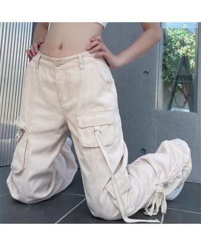 Baggy Cargo Women's Long Trousers Solid Color Low Waist Tie-Up Side Pockets Loose Pants Casual Simple Bottoms Streetwear Summ...