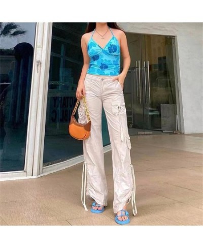 Baggy Cargo Women's Long Trousers Solid Color Low Waist Tie-Up Side Pockets Loose Pants Casual Simple Bottoms Streetwear Summ...