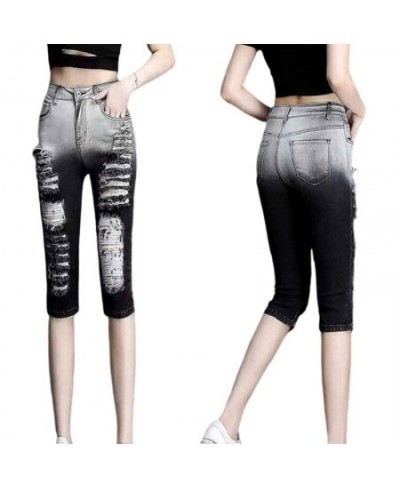 Ripped Denim Pants Women Jeans Summer High Waist Elastic Thin Pants Cropped Pants Calf-Length Pants $57.77 - Jeans