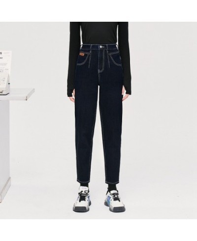 Women Fleece Jeans 2022 Winter Back Waist Elastic Straight Long Denim Pant Apricot Navy Warm Casual Streetwear Trousers $74.7...