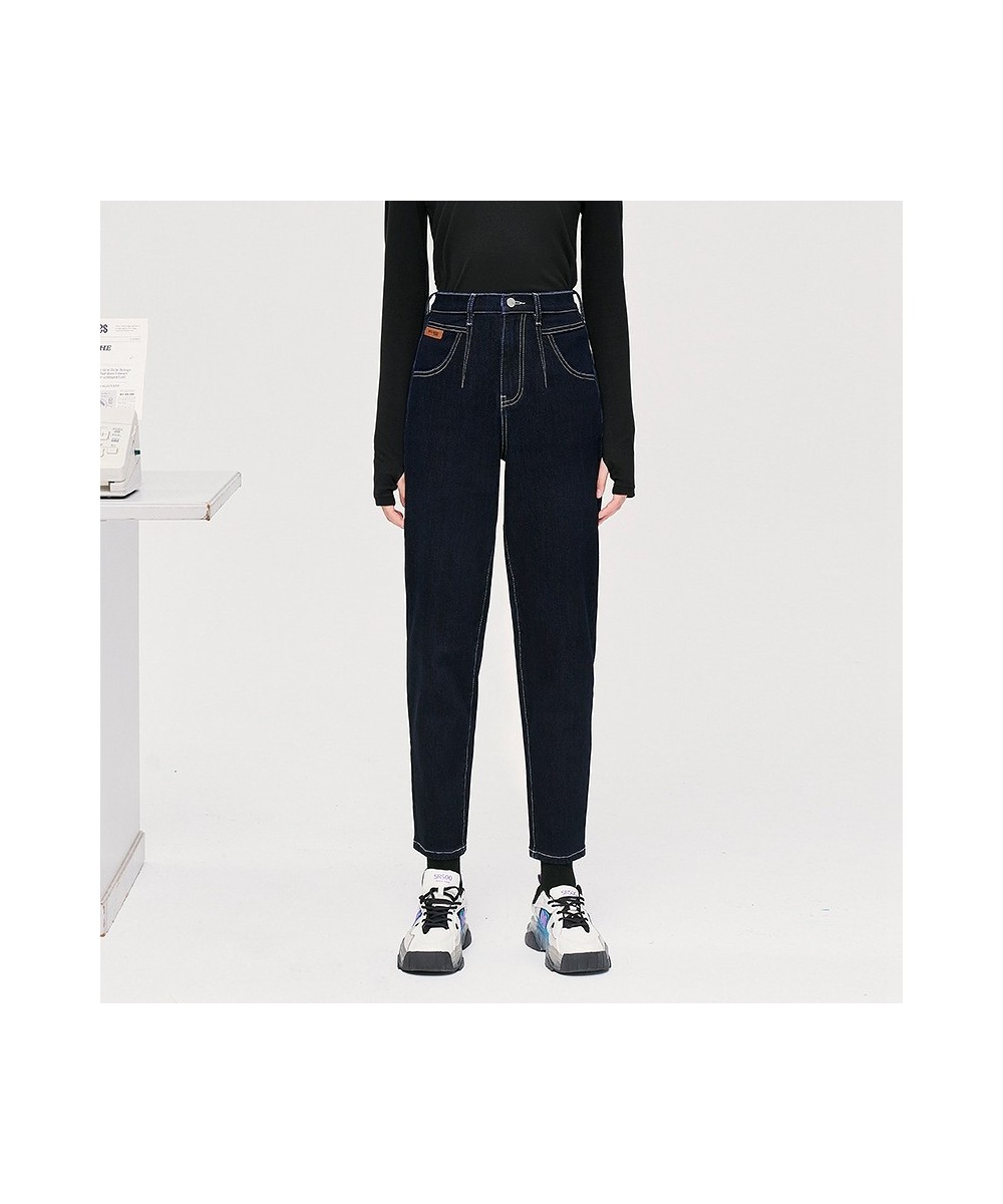 Women Fleece Jeans 2022 Winter Back Waist Elastic Straight Long Denim Pant Apricot Navy Warm Casual Streetwear Trousers $74.7...