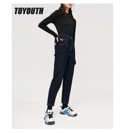 Women Fleece Jeans 2022 Winter Back Waist Elastic Straight Long Denim Pant Apricot Navy Warm Casual Streetwear Trousers $74.7...