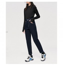 Women Fleece Jeans 2022 Winter Back Waist Elastic Straight Long Denim Pant Apricot Navy Warm Casual Streetwear Trousers $74.7...