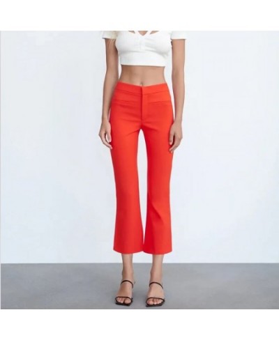 Women's Pants Flare Pants Orange Ankle-Length High Waist Trousers Female Spring Skinny Office Ladies Zip Fly Elastic Pant Trf...