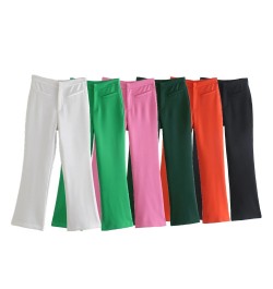 Women's Pants Flare Pants Orange Ankle-Length High Waist Trousers Female Spring Skinny Office Ladies Zip Fly Elastic Pant Trf...