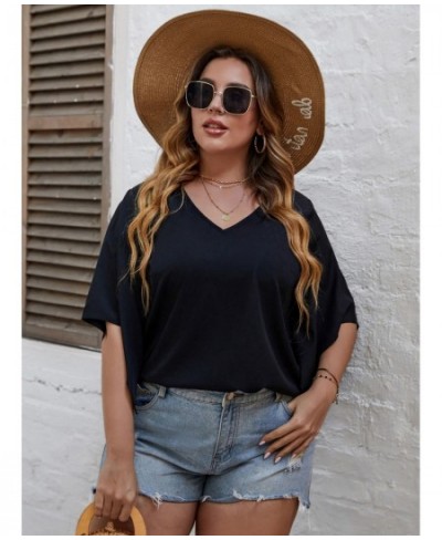 Women Large Plus Size 4XL Blouses 2022 Autumn Black Elegant Curvy T Shirts Half Sleeve V Neck Loose Vintage Casual Solid Tops...