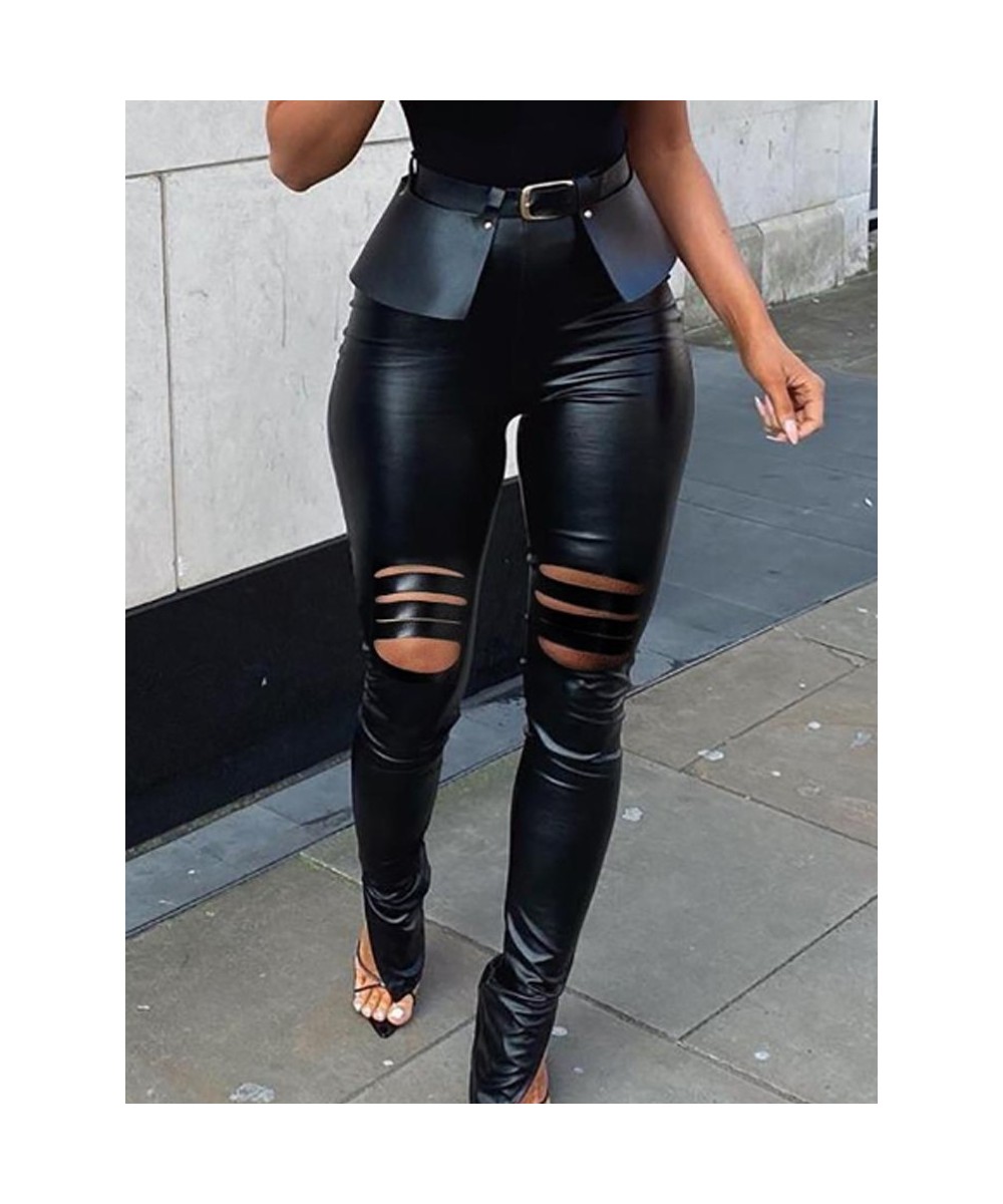 Women Sexy Solid Color PU Slit Skinny Pants With Belt $46.66 - Pants & Capris