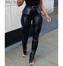 Women Sexy Solid Color PU Slit Skinny Pants With Belt $46.66 - Pants & Capris