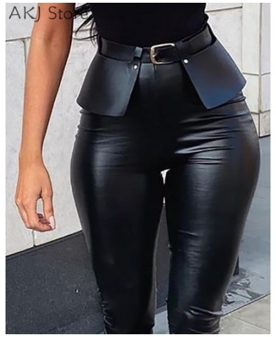 Women Sexy Solid Color PU Slit Skinny Pants With Belt $46.66 - Pants & Capris