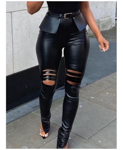 Women Sexy Solid Color PU Slit Skinny Pants With Belt $46.66 - Pants & Capris