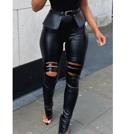 Women Sexy Solid Color PU Slit Skinny Pants With Belt $46.66 - Pants & Capris