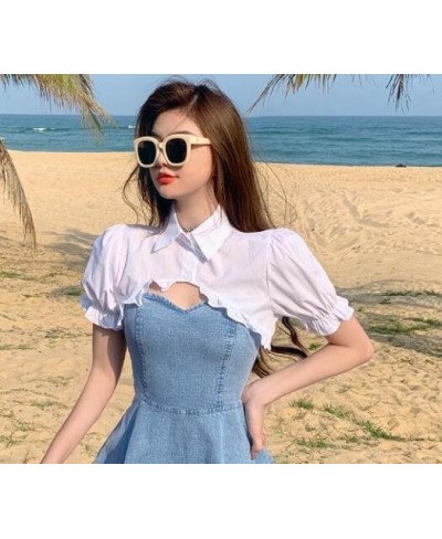 Summer Dress Suit Fashion Two Piece Set for Women Sweet Ruffles White Crop Tops Slim Denim Sling Dress Sets Korean Y2k Clothe...