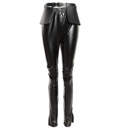 Women Sexy Solid Color PU Slit Skinny Pants With Belt $46.66 - Pants & Capris