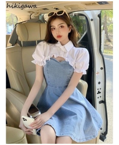 Summer Dress Suit Fashion Two Piece Set for Women Sweet Ruffles White Crop Tops Slim Denim Sling Dress Sets Korean Y2k Clothe...