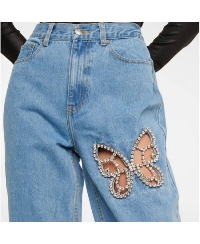 2022 big brand summer blue diamond-studdedhollow straight high waist jeans women's fashion washed stretch soft denimtrousers ...