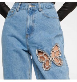 2022 big brand summer blue diamond-studdedhollow straight high waist jeans women's fashion washed stretch soft denimtrousers ...