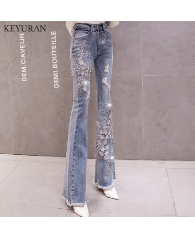 Flare Pants Women 2023 Spring Summer 3D Flower Embroidered Scratched Pearls Beading Hole Jeans High Waist Long Denim Trousers...