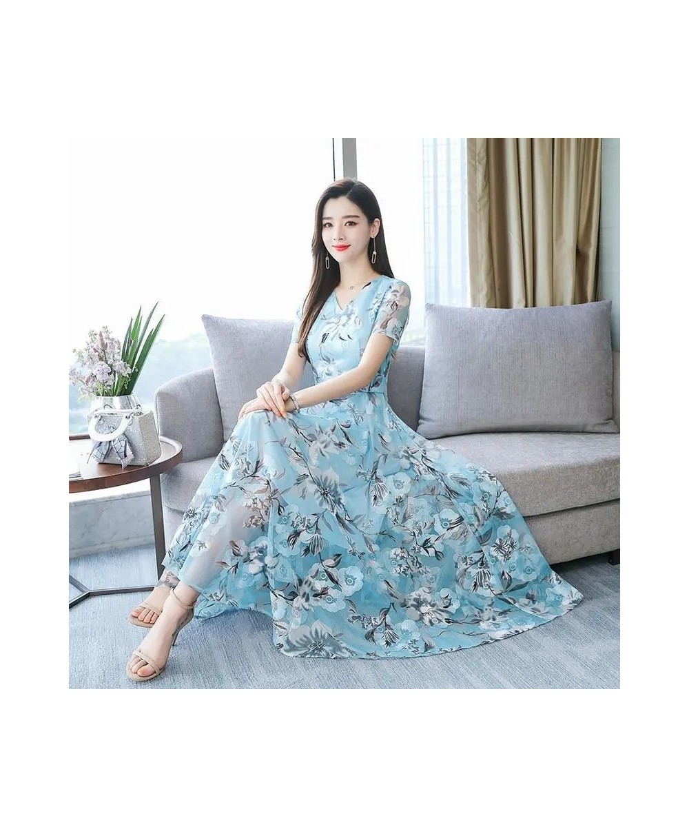 Summer Boho V-neck Women's Long Dress Oversized Printing Gauze Vestido Elegant Beach A-line Dresses Korean Slim Chiffon $35.3...