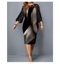 Plus Size Elegant Lace Mesh Patchwork Bodycon Party Dresses for Women Summer Fashion Print Black Midi Dress Robe Femme Clothi...