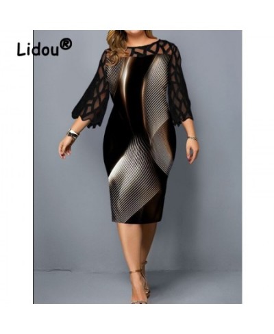 Plus Size Elegant Lace Mesh Patchwork Bodycon Party Dresses for Women Summer Fashion Print Black Midi Dress Robe Femme Clothi...