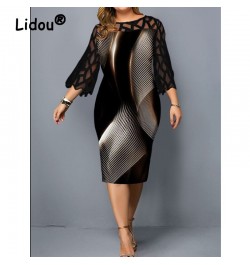 Plus Size Elegant Lace Mesh Patchwork Bodycon Party Dresses for Women Summer Fashion Print Black Midi Dress Robe Femme Clothi...