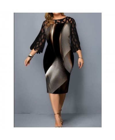 Plus Size Elegant Lace Mesh Patchwork Bodycon Party Dresses for Women Summer Fashion Print Black Midi Dress Robe Femme Clothi...