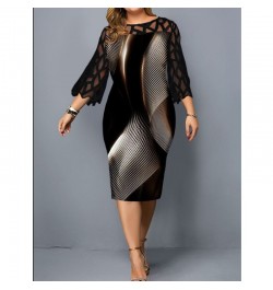 Plus Size Elegant Lace Mesh Patchwork Bodycon Party Dresses for Women Summer Fashion Print Black Midi Dress Robe Femme Clothi...