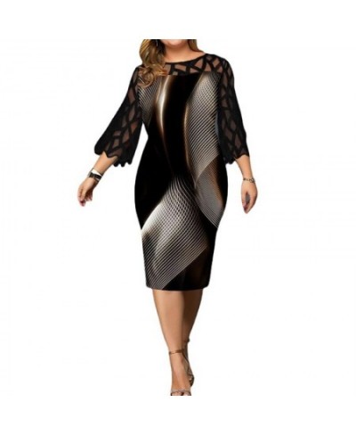 Plus Size Elegant Lace Mesh Patchwork Bodycon Party Dresses for Women Summer Fashion Print Black Midi Dress Robe Femme Clothi...