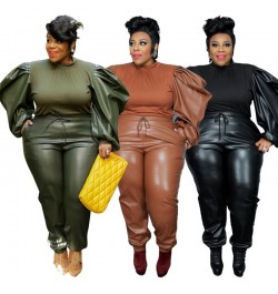 Plus Size PU Patchwork Two Piece Set Streetwear Fashion Women Tracksuit Puff Long Sleeve Pencil Pants With Pockets Y2K Casual...