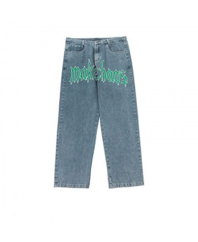 New Retro High Street Washed Alphabet Printed Straight Pants Men and Women Ins Tide Brand Loose Hip Hop High Waist Jeans ins ...