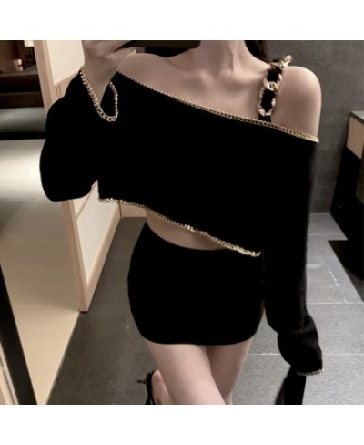 Ladies Sling Off-the-Shoulder Short Long-Sleeved Sweater Women's 2022 Autumn New Fashion Sexy Elegant Pullover Knitted T-shir...