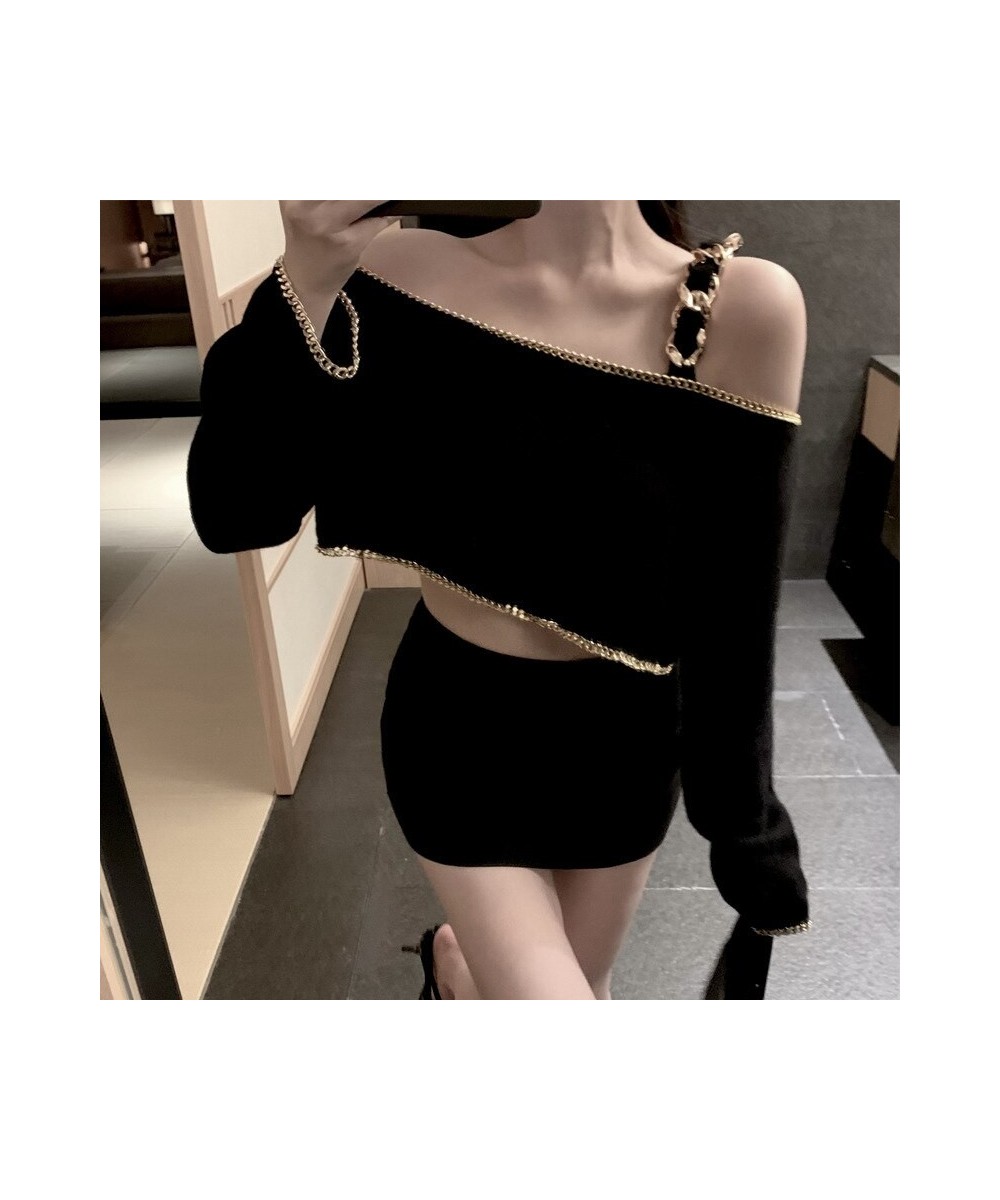 Ladies Sling Off-the-Shoulder Short Long-Sleeved Sweater Women's 2022 Autumn New Fashion Sexy Elegant Pullover Knitted T-shir...