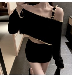 Ladies Sling Off-the-Shoulder Short Long-Sleeved Sweater Women's 2022 Autumn New Fashion Sexy Elegant Pullover Knitted T-shir...