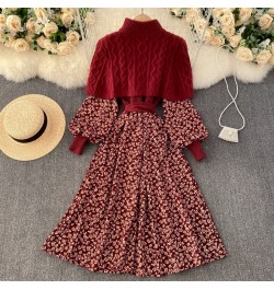 Retro Floral Printted Patchwork Knitted Long Dress Women 2023 Lantern Sleeve Sashes Party Dress With Cape Shawl Sweater Sets ...