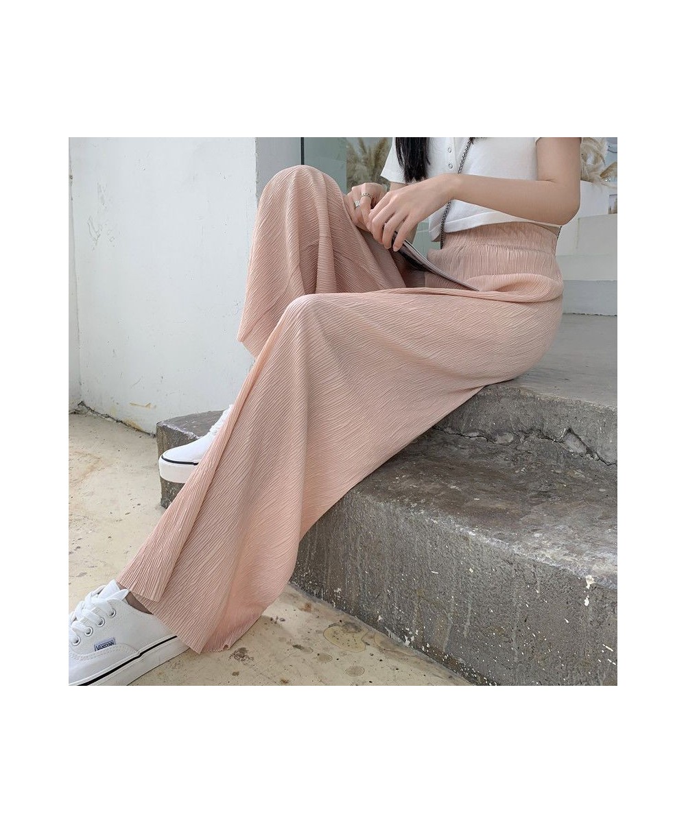 Summer Thin Style Casual Wide Leg Trousers Ladies High Waist Ice Silk Fabric Pleated Full Length Pants Fashion Chiffon Pants ...