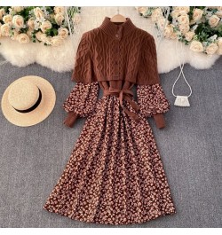 Retro Floral Printted Patchwork Knitted Long Dress Women 2023 Lantern Sleeve Sashes Party Dress With Cape Shawl Sweater Sets ...