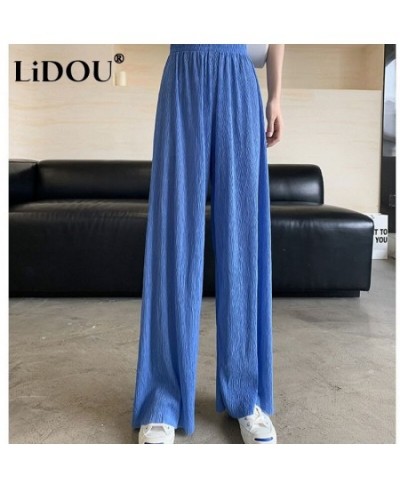 Summer Thin Style Casual Wide Leg Trousers Ladies High Waist Ice Silk Fabric Pleated Full Length Pants Fashion Chiffon Pants ...