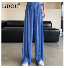 Summer Thin Style Casual Wide Leg Trousers Ladies High Waist Ice Silk Fabric Pleated Full Length Pants Fashion Chiffon Pants ...