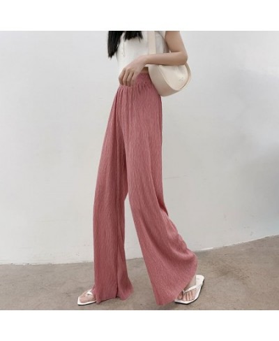 Summer Thin Style Casual Wide Leg Trousers Ladies High Waist Ice Silk Fabric Pleated Full Length Pants Fashion Chiffon Pants ...