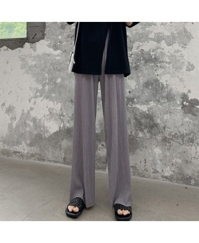 Summer Thin Style Casual Wide Leg Trousers Ladies High Waist Ice Silk Fabric Pleated Full Length Pants Fashion Chiffon Pants ...