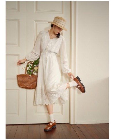 100% Cotton White Temperament Casual Dress Holiday Style V-Neck Waist Dress Long Sleeve Patchwork Design A-LINE Skirts $106.6...