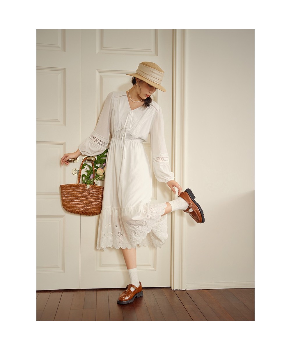 100% Cotton White Temperament Casual Dress Holiday Style V-Neck Waist Dress Long Sleeve Patchwork Design A-LINE Skirts $106.6...