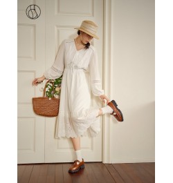 100% Cotton White Temperament Casual Dress Holiday Style V-Neck Waist Dress Long Sleeve Patchwork Design A-LINE Skirts $106.6...