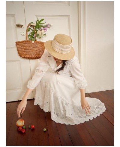 100% Cotton White Temperament Casual Dress Holiday Style V-Neck Waist Dress Long Sleeve Patchwork Design A-LINE Skirts $106.6...