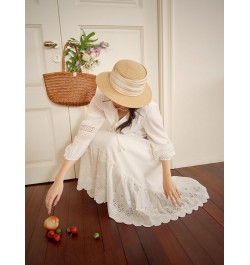 100% Cotton White Temperament Casual Dress Holiday Style V-Neck Waist Dress Long Sleeve Patchwork Design A-LINE Skirts $106.6...