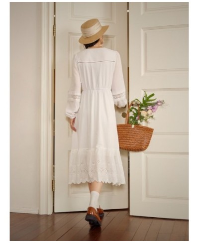 100% Cotton White Temperament Casual Dress Holiday Style V-Neck Waist Dress Long Sleeve Patchwork Design A-LINE Skirts $106.6...